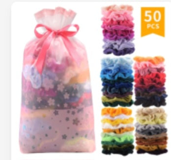 Lot 50 chouchous colorés dans sachet cadeau rose