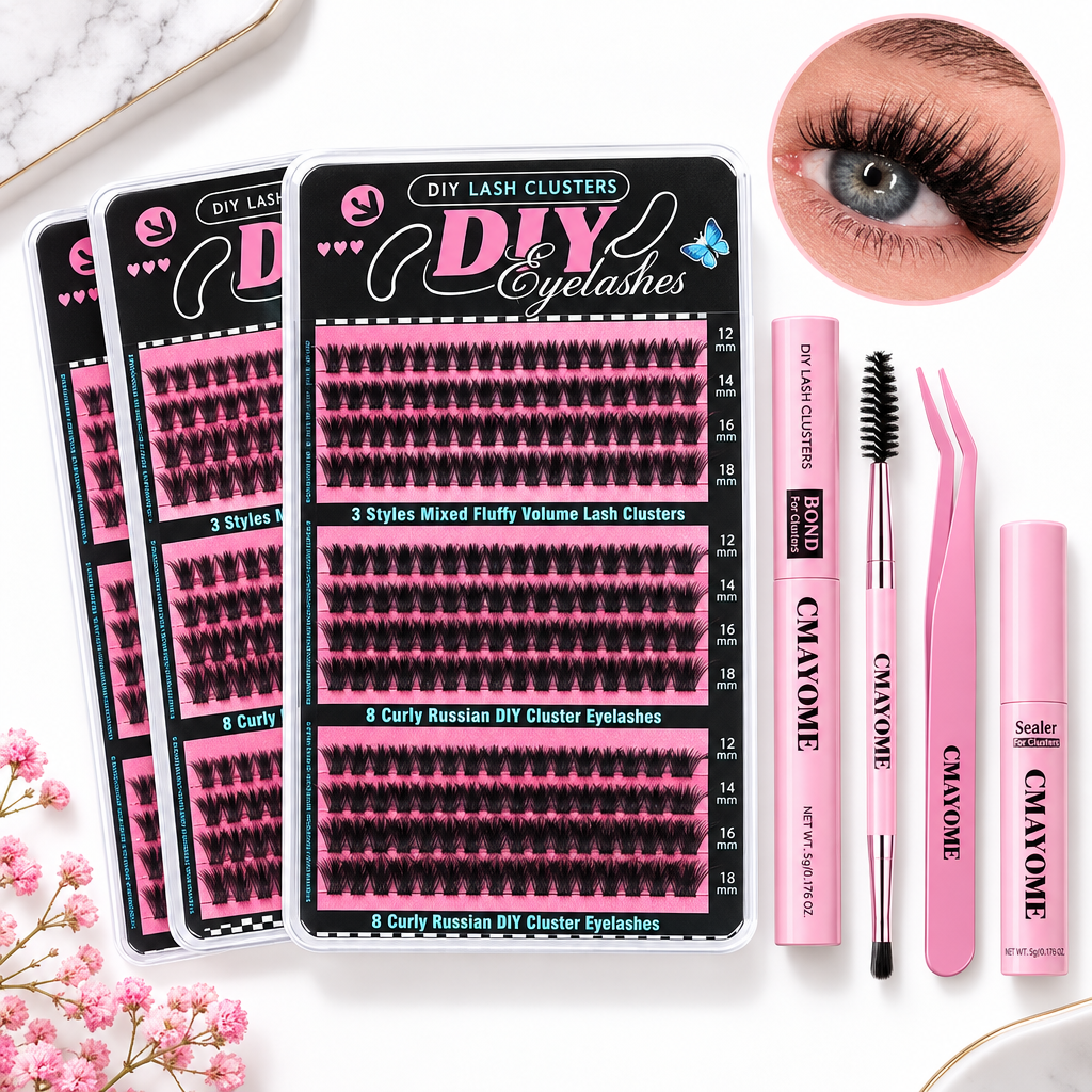 Kit faux cils DIY 456 pcs clusters volume russe avec outils roses