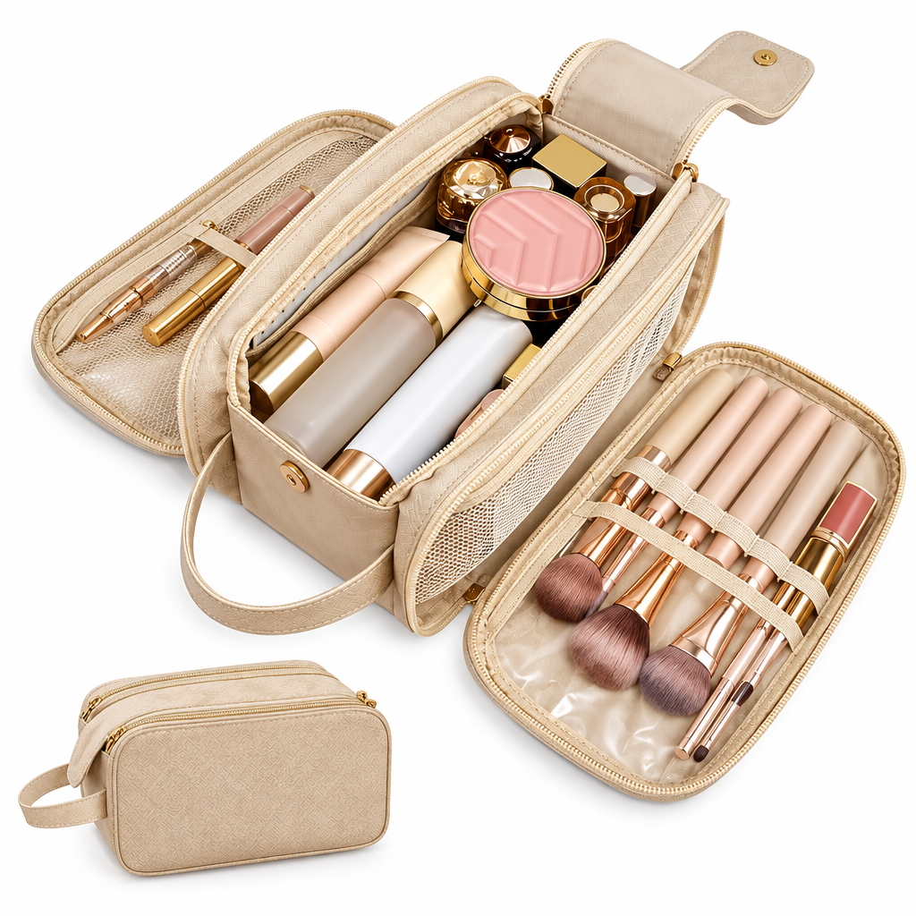Trousse maquillage grande capacite beige or multi-compartiments voyage