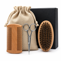 Kit entretien barbe homme peigne bois brosse ciseaux pochette lin