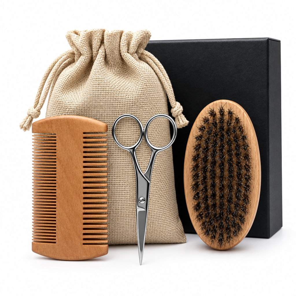 Kit entretien barbe homme peigne bois brosse ciseaux pochette lin
