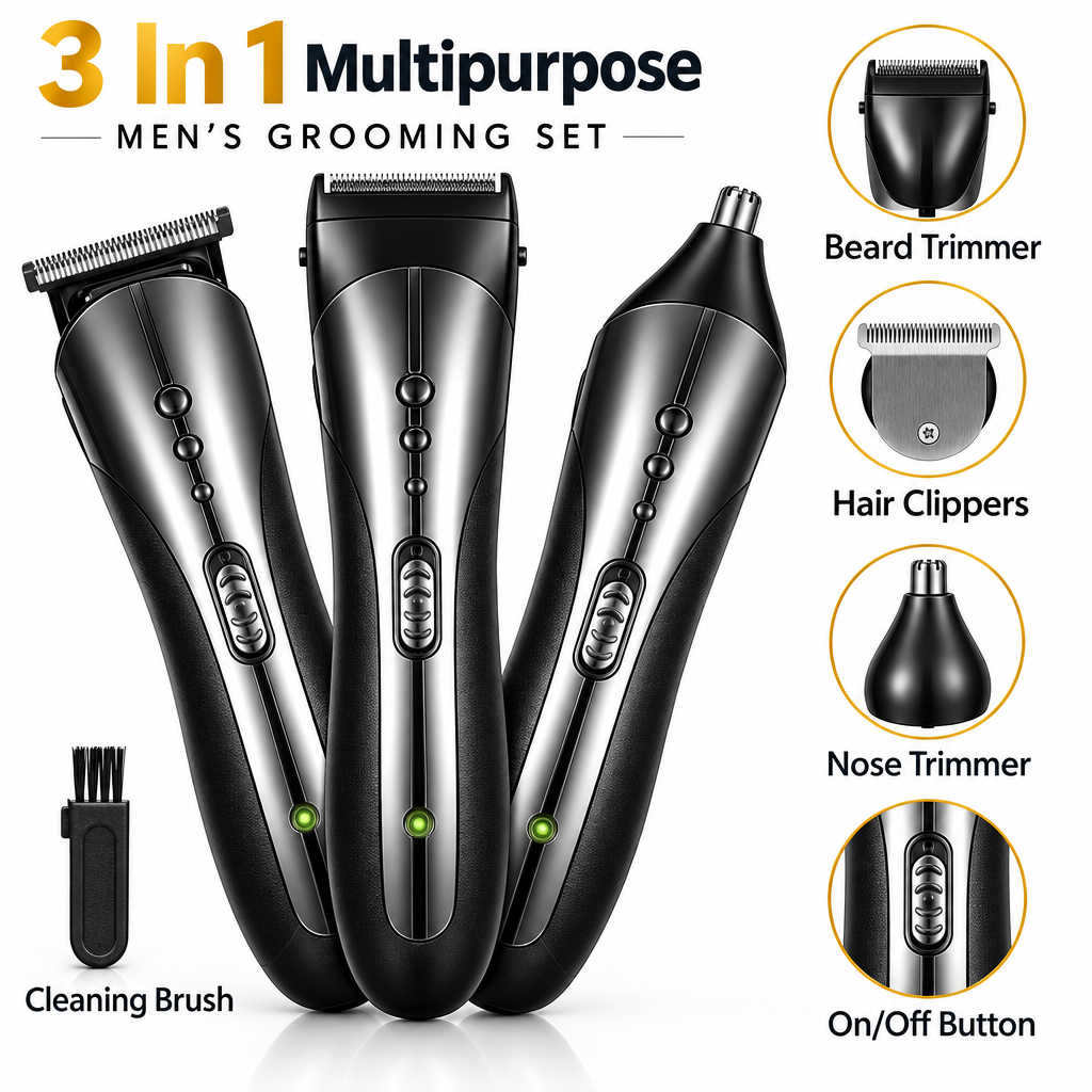Kit Grooming 3-en-1 Homme Taille-Barbe Tondeuse Coupe-Nez Rechargeable